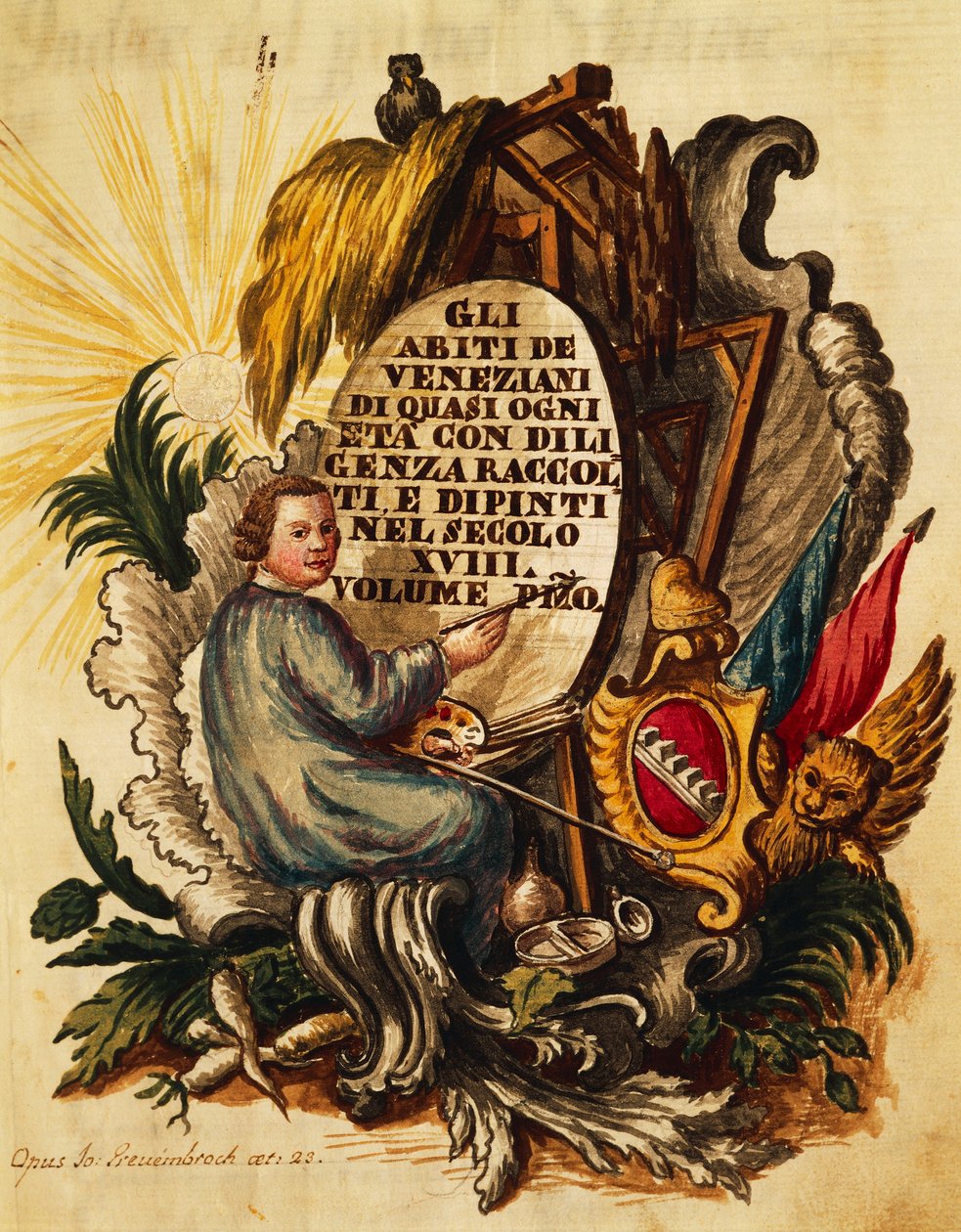 Venetiansk klänning för alla åldrar, flitigt samlad och målad, för 1700-talet, av Giovanni Grevembroch, titelblad av Jan van Grevenbroeck