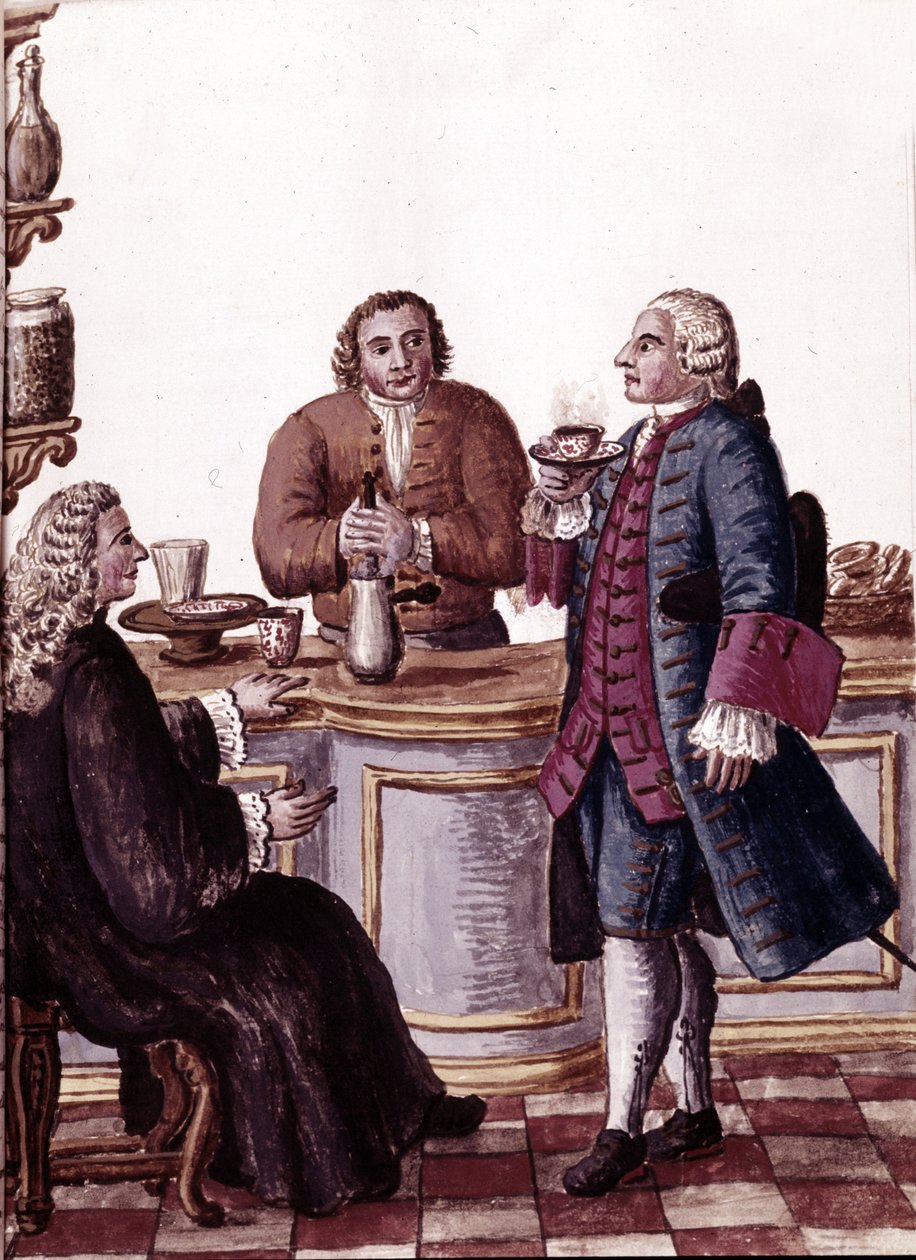 Venetianska adelsmän på kaffe, en av dem njuter av en choklad. Akvarellteckning och tusch från manuskriptet "Venitianernas seder"" av Jan van Grevenbroeck (eller Giovanni Grevembroch (Grevenbroch) av Jan van Grevenbroeck