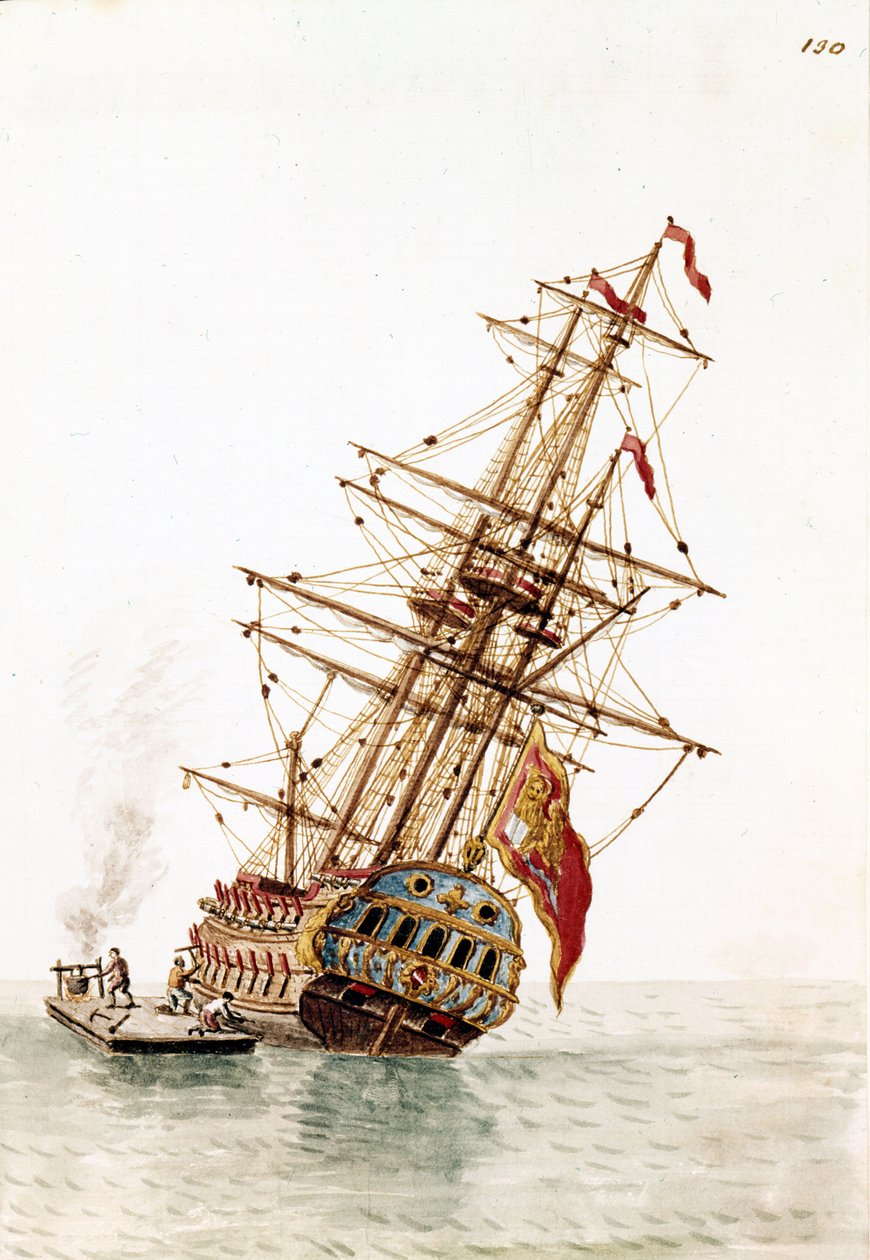 Venetianskt skepp sköts ner i skrovet för att repareras. Akvarellteckning och tusch från manuskriptet "Venitianernas seder"" av Jan van Grevenbroeck (eller Giovanni Grevembroch (Grevenbroch) (1731-1807) av Jan van Grevenbroeck