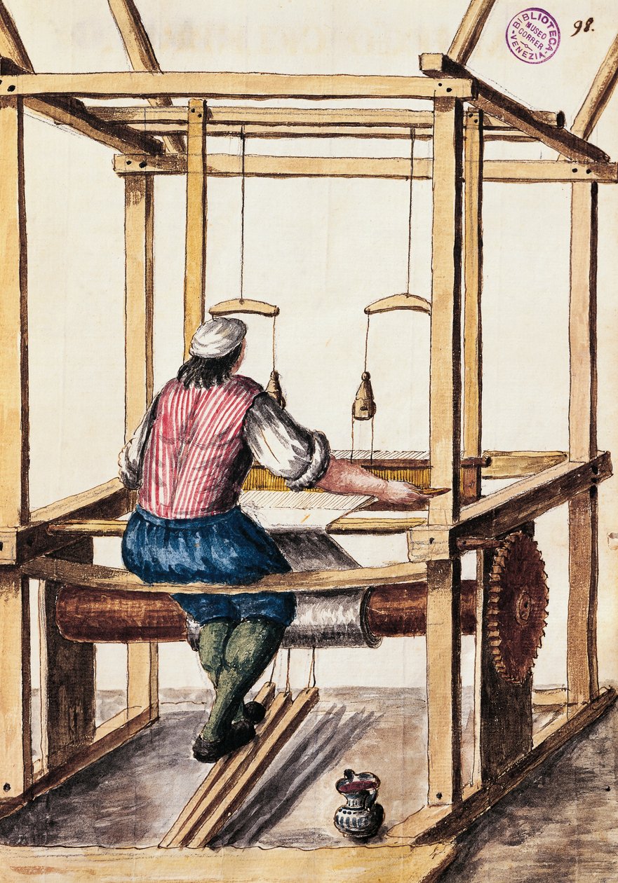 Weaver, Illustration av Jan van Grevenbroeck (1731-1807) från The dress of the Venetians manuscript, Italy av Jan van Grevenbroeck