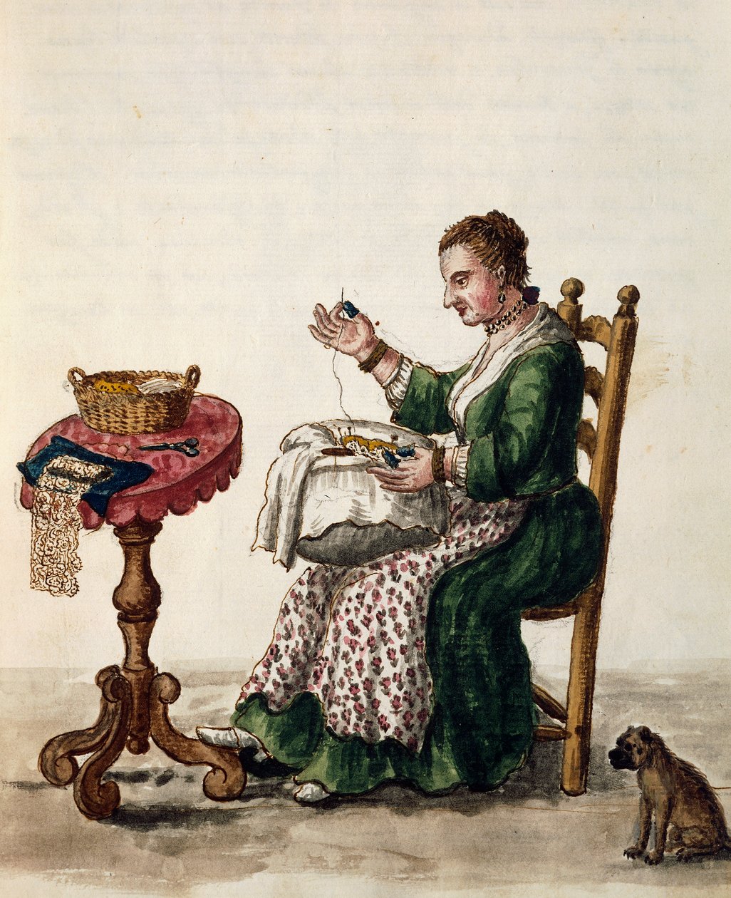 Kvinde, der laver punto i aria-nålesnøre, ca 1754, illustration fra illustreret bog med venetianske dragter, bind III, c 147, af Jan Grevenbroek (1731-1807), akvarel, Italien. av Jan van Grevenbroeck