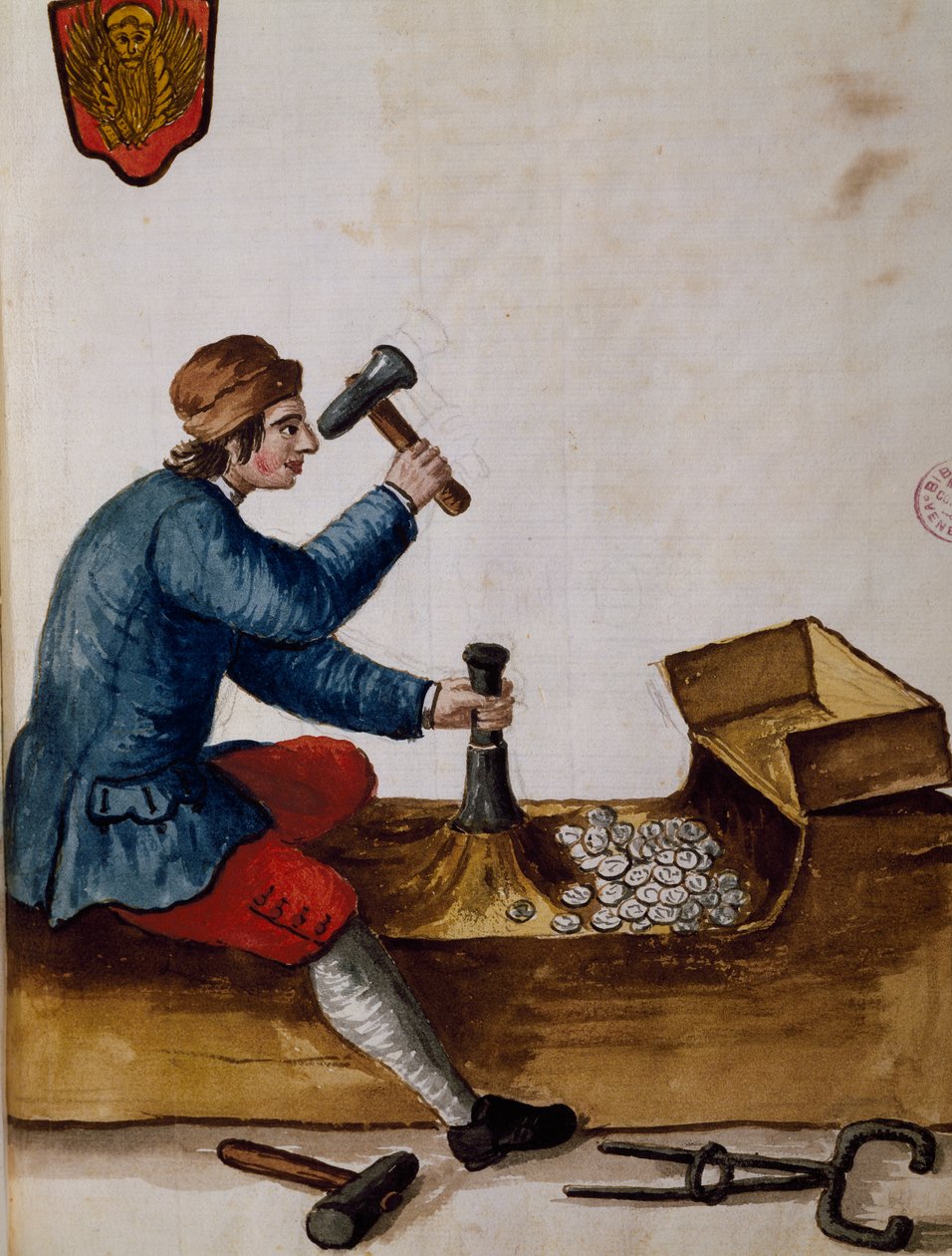 Arbetare vid, myntverk, illustration från Illustrerad bok med venetianska dräkter, av Jan Grevenbroeck (1731-1807), akvarell, Italien av Jan van Grevenbroeck