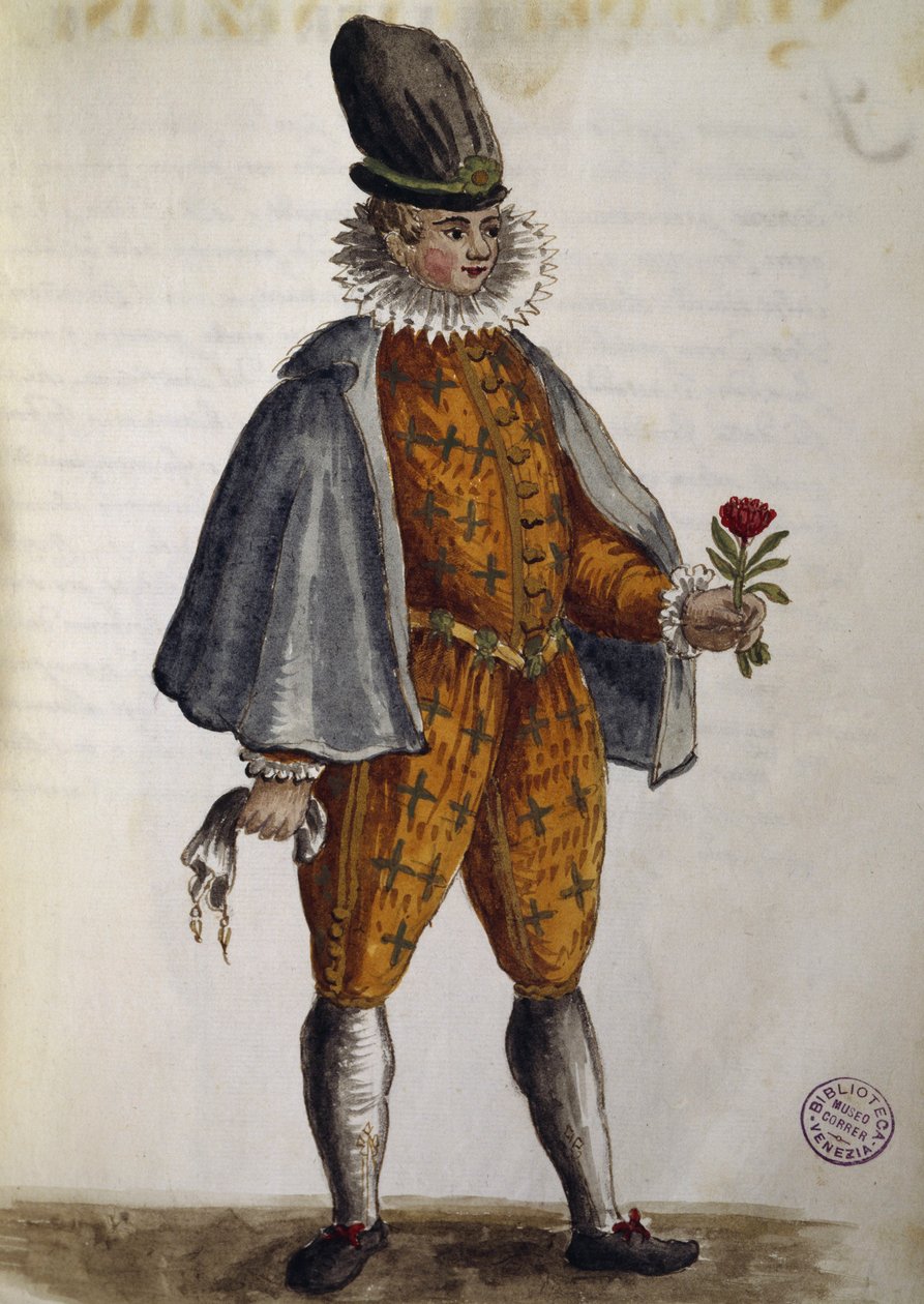 Young Venetian, akvarell från The Venetian clothes, i nästan alla åldrar flitigt samlad och målad på 1700-talet, av Jan van Grevenbroek eller Giovanni Grevenbroich (1731-1807), Italien av Jan van Grevenbroeck
