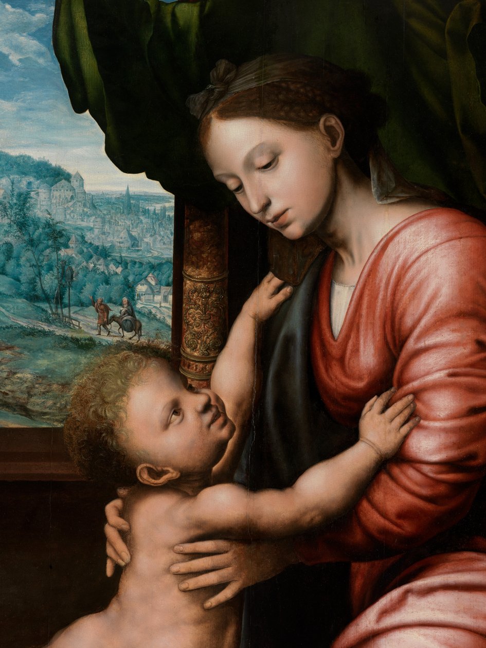 Detalj av Jungfru med barn (olja på panel) av Jan van Hemessen
