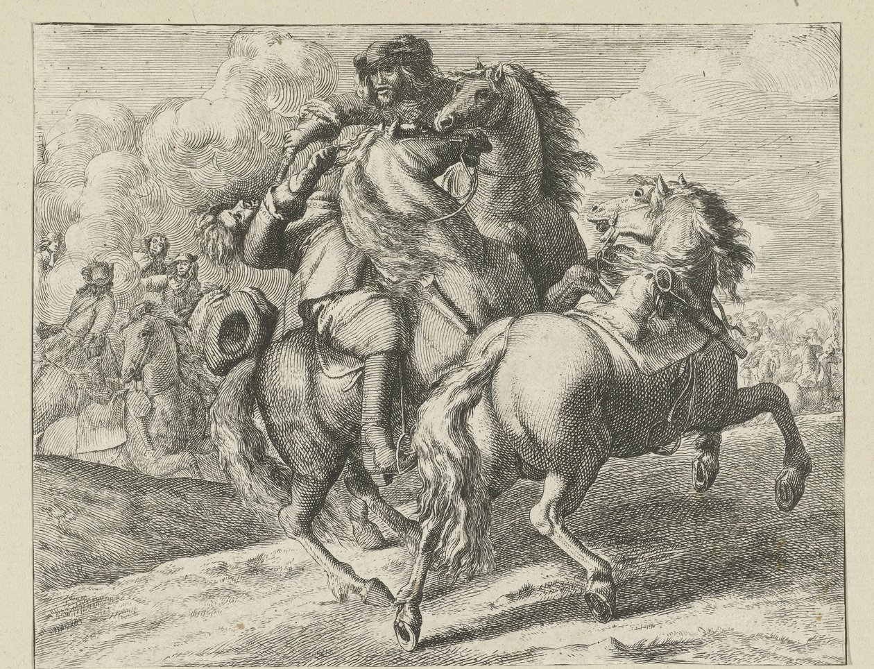 Soldat skjuten på hästryggen Cavalry Scenes (serietitel) av Jan van Huchtenburg (possibly copy after)