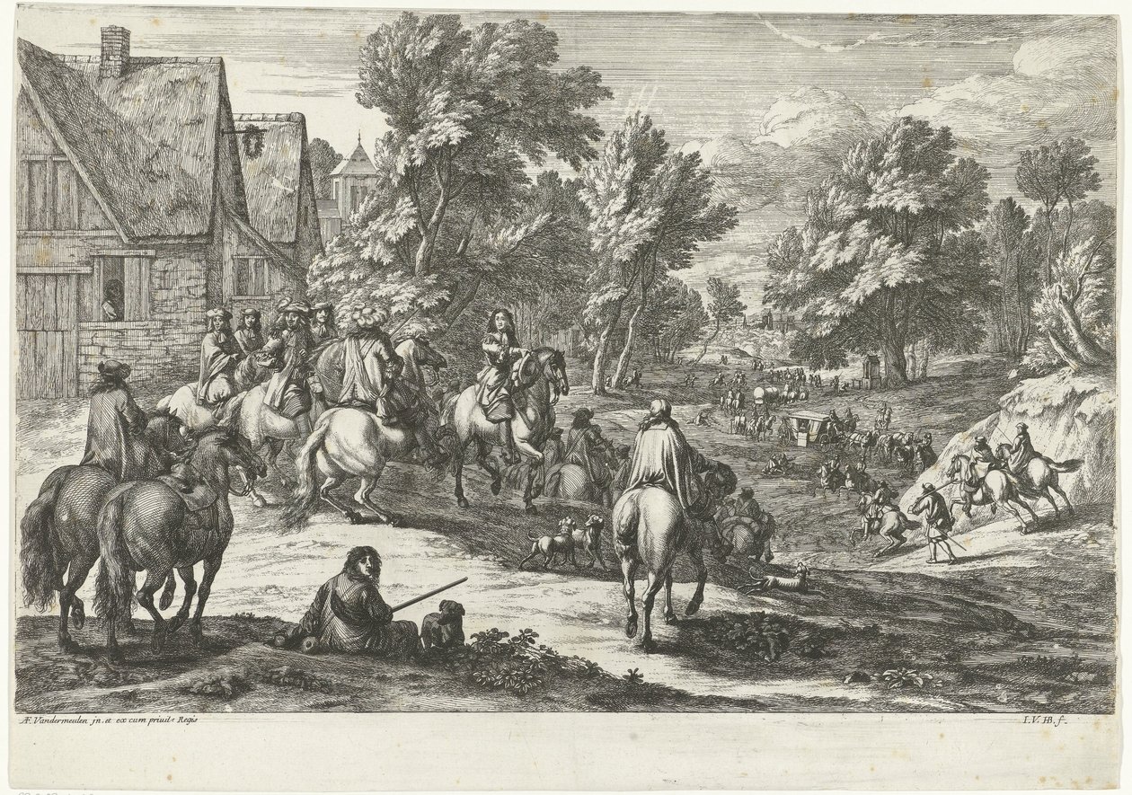Vy över en by med ryttare i förgrunden av Jan van Huchtenburg