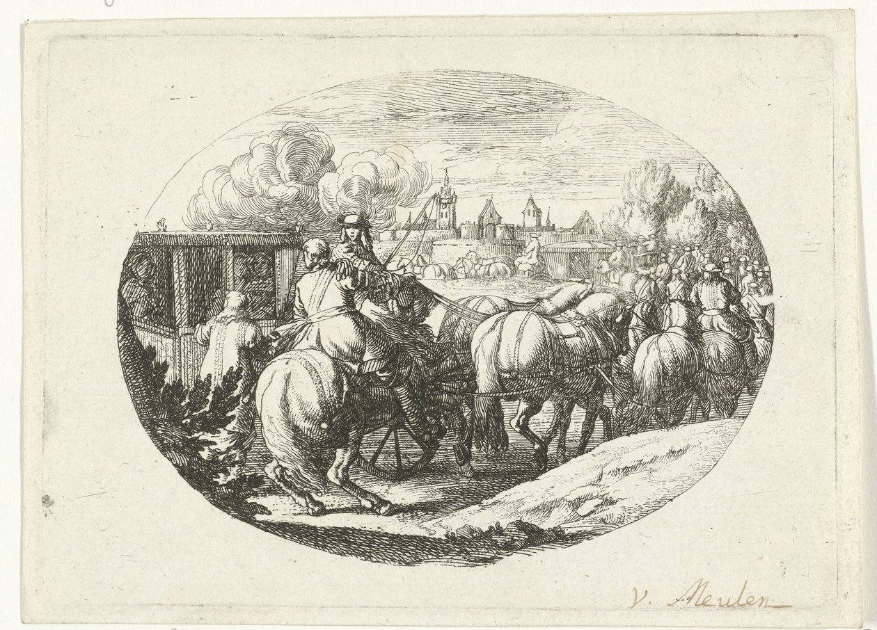Armé och vagnar flyttar till staden Militära scener från livet av Ludvig XIV, kung av Frankrike (serietitel) av Jan van Huchtenburg