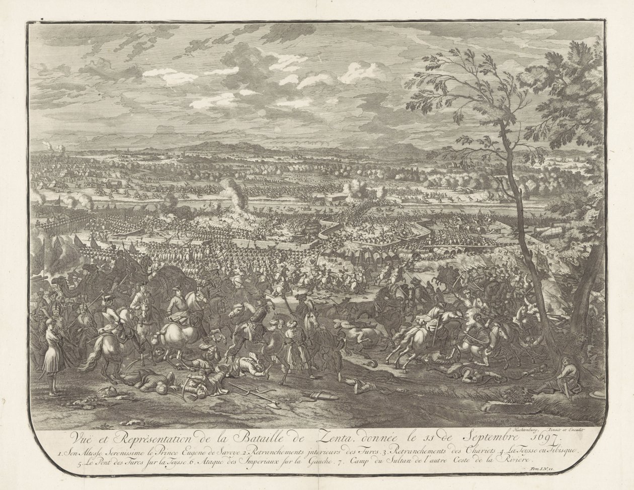 Slag bij Senta, 1697 Vy och representation av slaget vid Zenta, givet den 11 september 1697 (titel på objekt) av Jan van Huchtenburg