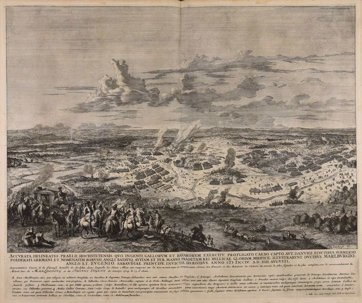 Accurata delineatio praelii Hochstetensis quo ingenti Gallorum et Bavarorum exercitu profligato caeso capto ...  Representation exacte de la fameuse bataille de Hochstet ... av Jan van Huchtenburgh