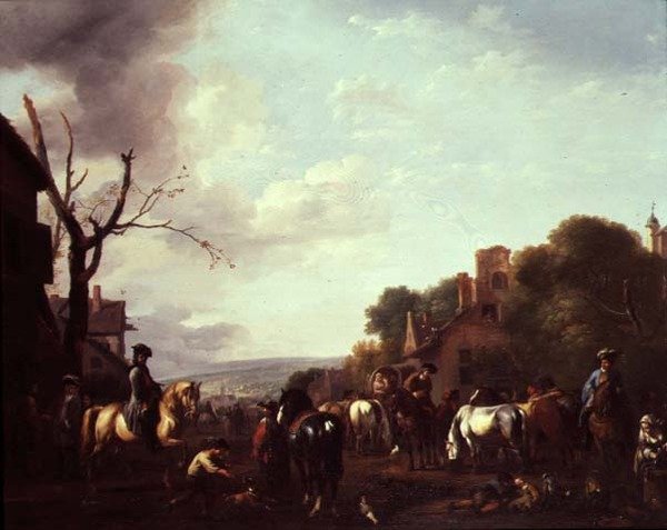 Hästar och resande stannade i en by av Jan van Huchtenburgh