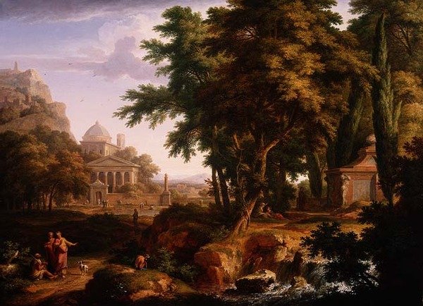 Arkadiskt landskap med St. Peter och St. John Healing the Crippled Man, 1724-25 (par till 68871) av Jan van Huysum