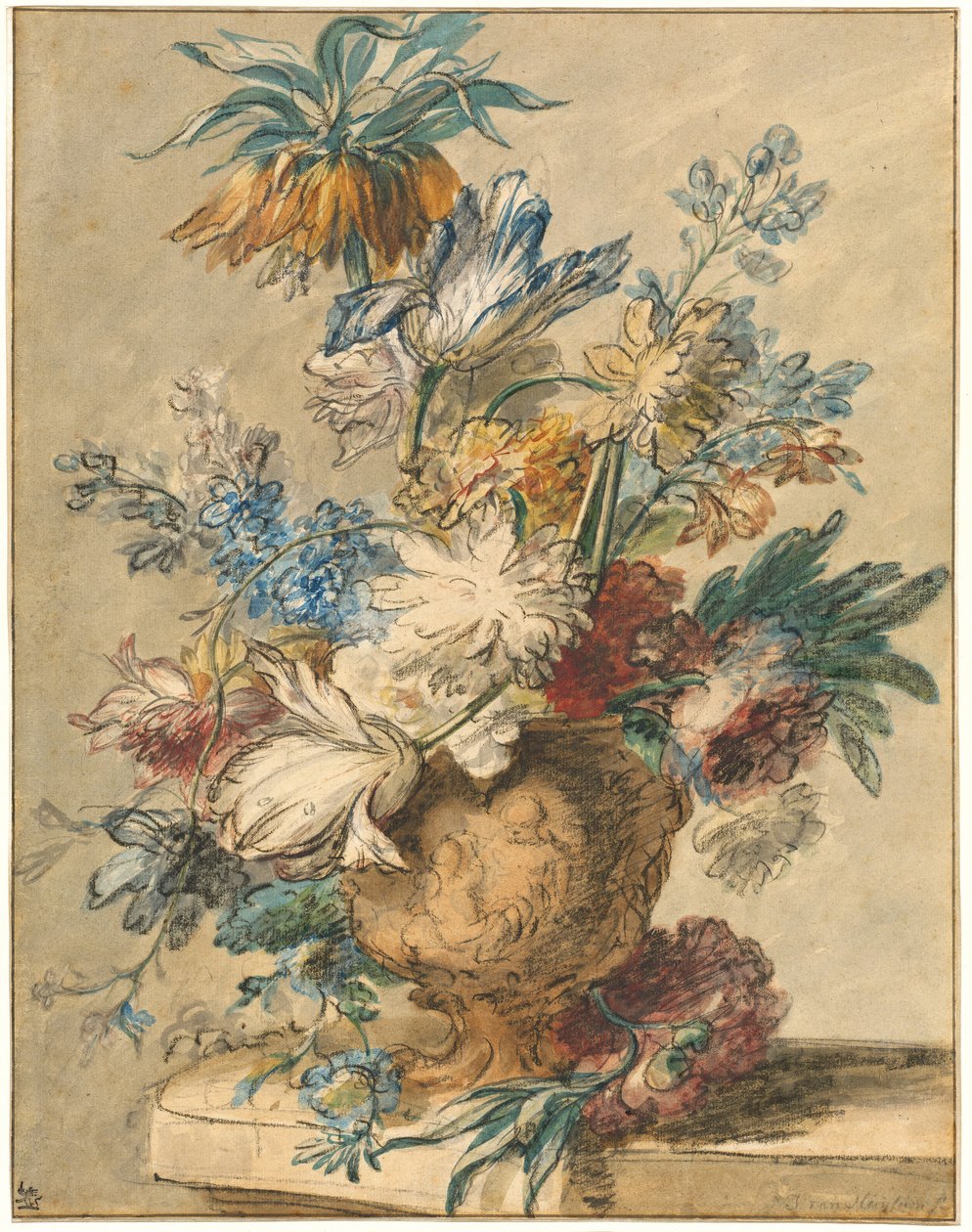 Bukett med vårblommor i en terrakottavas av Jan van Huysum