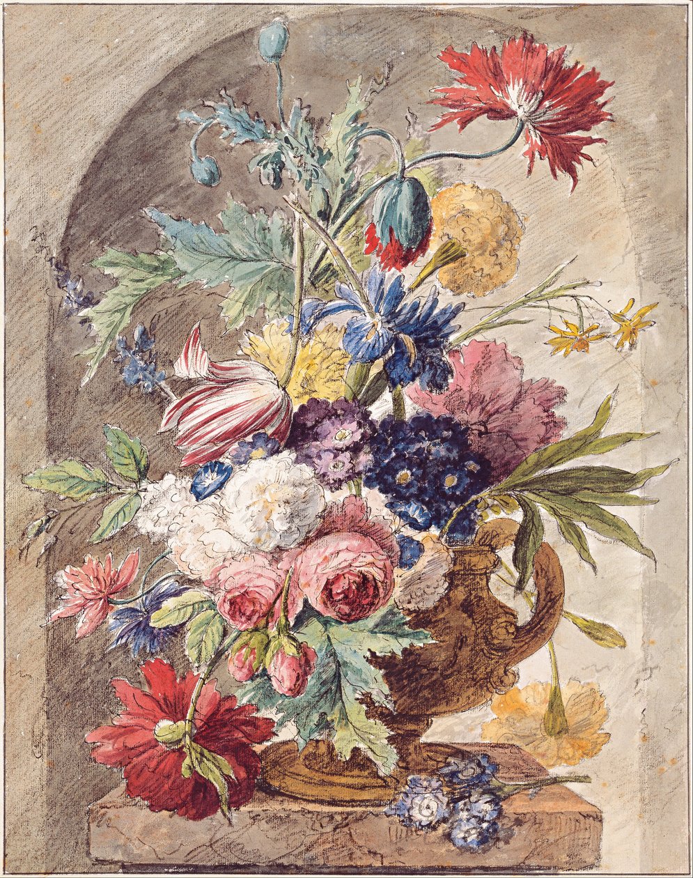 Holländska: Blomsterstilleben i vas med öra på piedestal i nisch Blomsterstilleben av Jan van Huysum