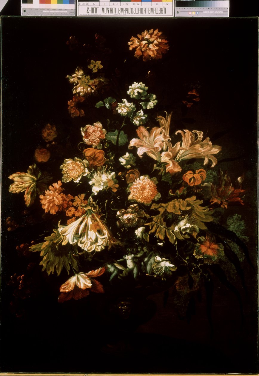Blommor (Blommor). Stilleben av en bukett blommor. Målning av Jan van Huysum (1682-1749) av Jan van Huysum