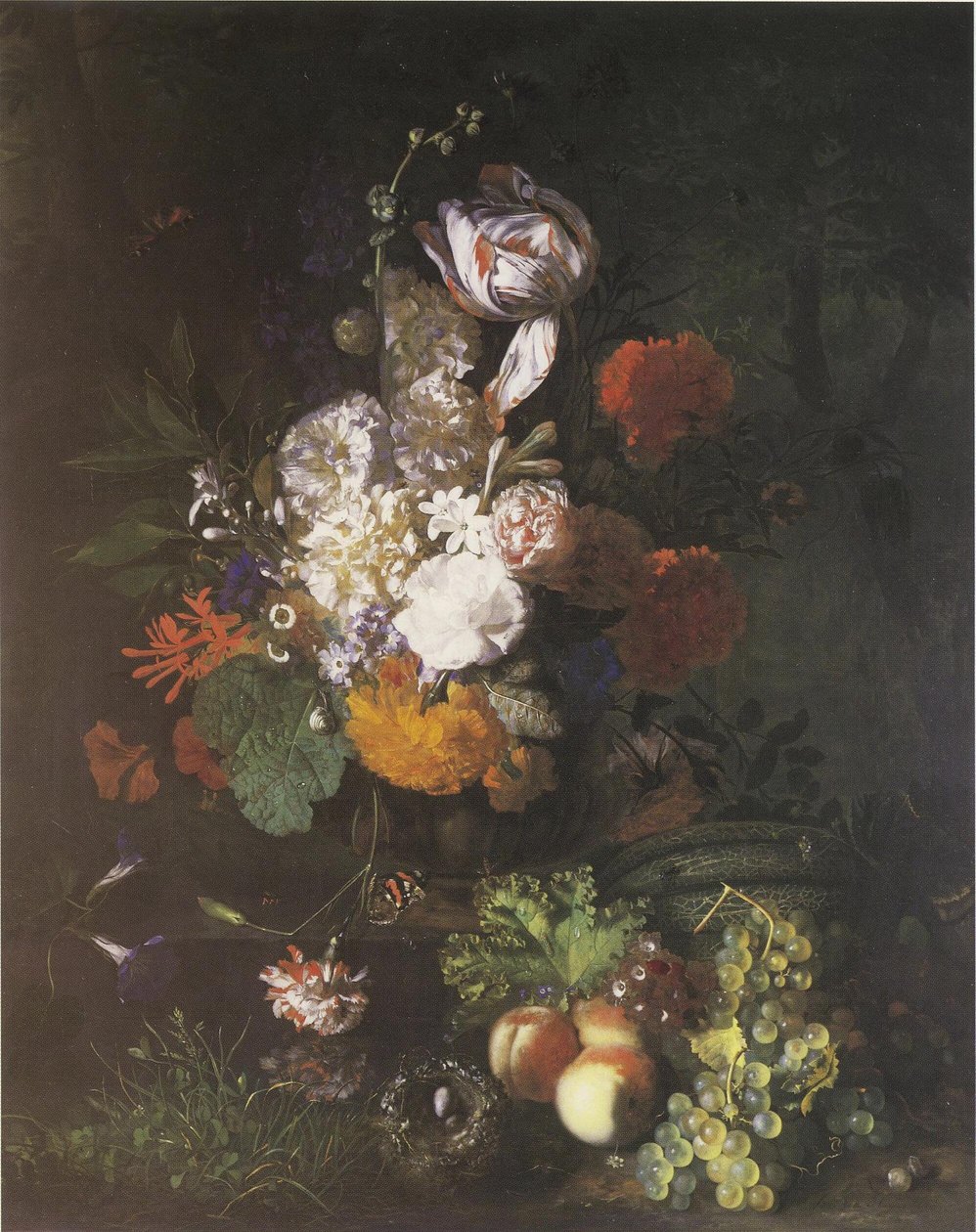 Blomstycke med frukt och gräs av Jan van Huysum