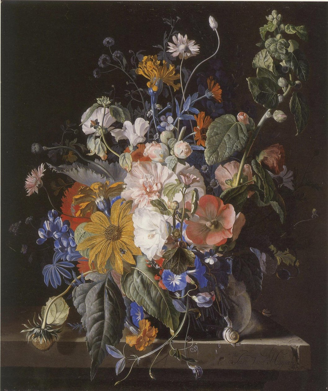 Blomsterstilleben och sniglar på en stenavsats av Jan van Huysum