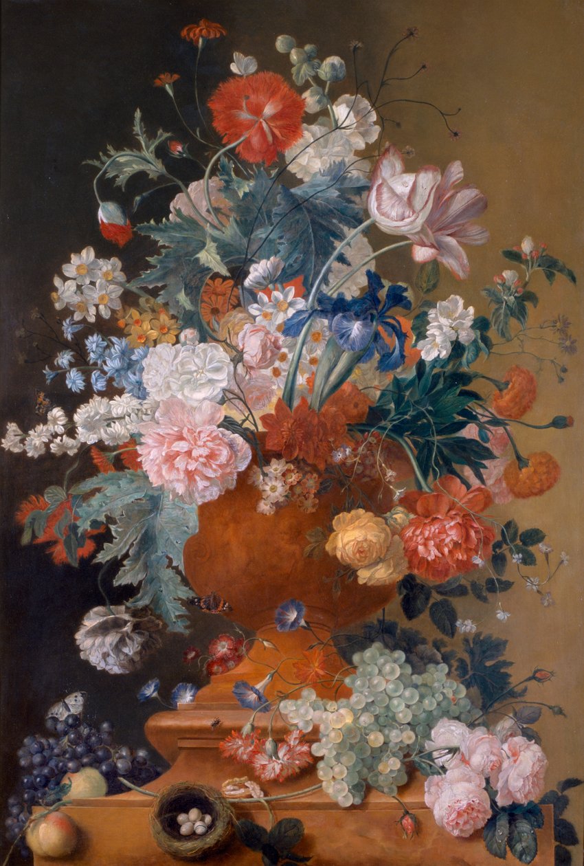 Blommor i en terrakottavas (olja på duk) av Jan van Huysum