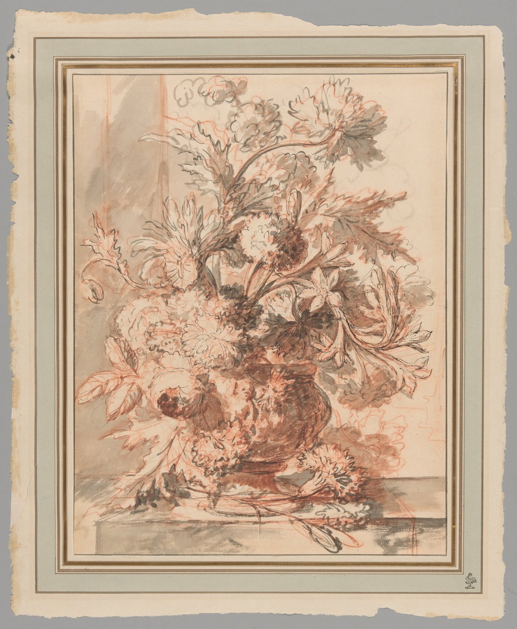 Blommor i en urna dekorerad med putti, på en sockel av Jan van Huysum