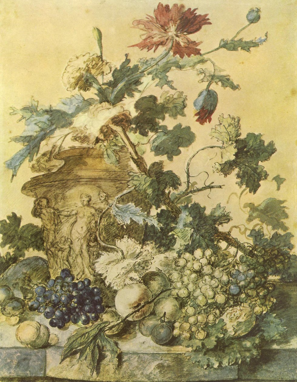 Blommor i en urna dekorerad med figurer omgiven av frukt på en plint av Jan van Huysum