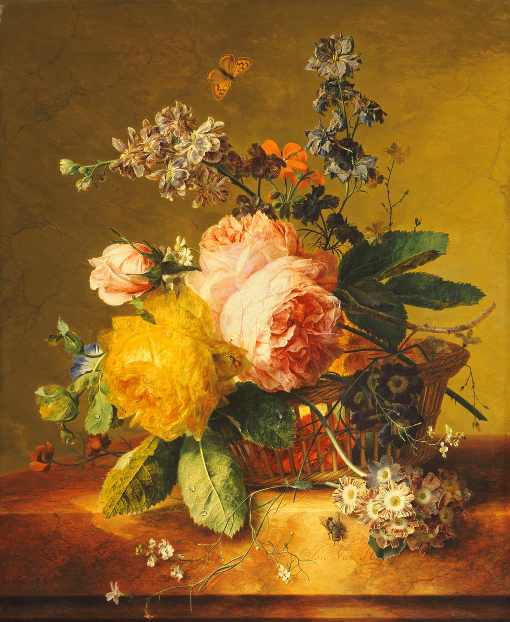 Rosor och andra blommor i en korg på en marmoravsats, c.1742 av Jan van Huysum