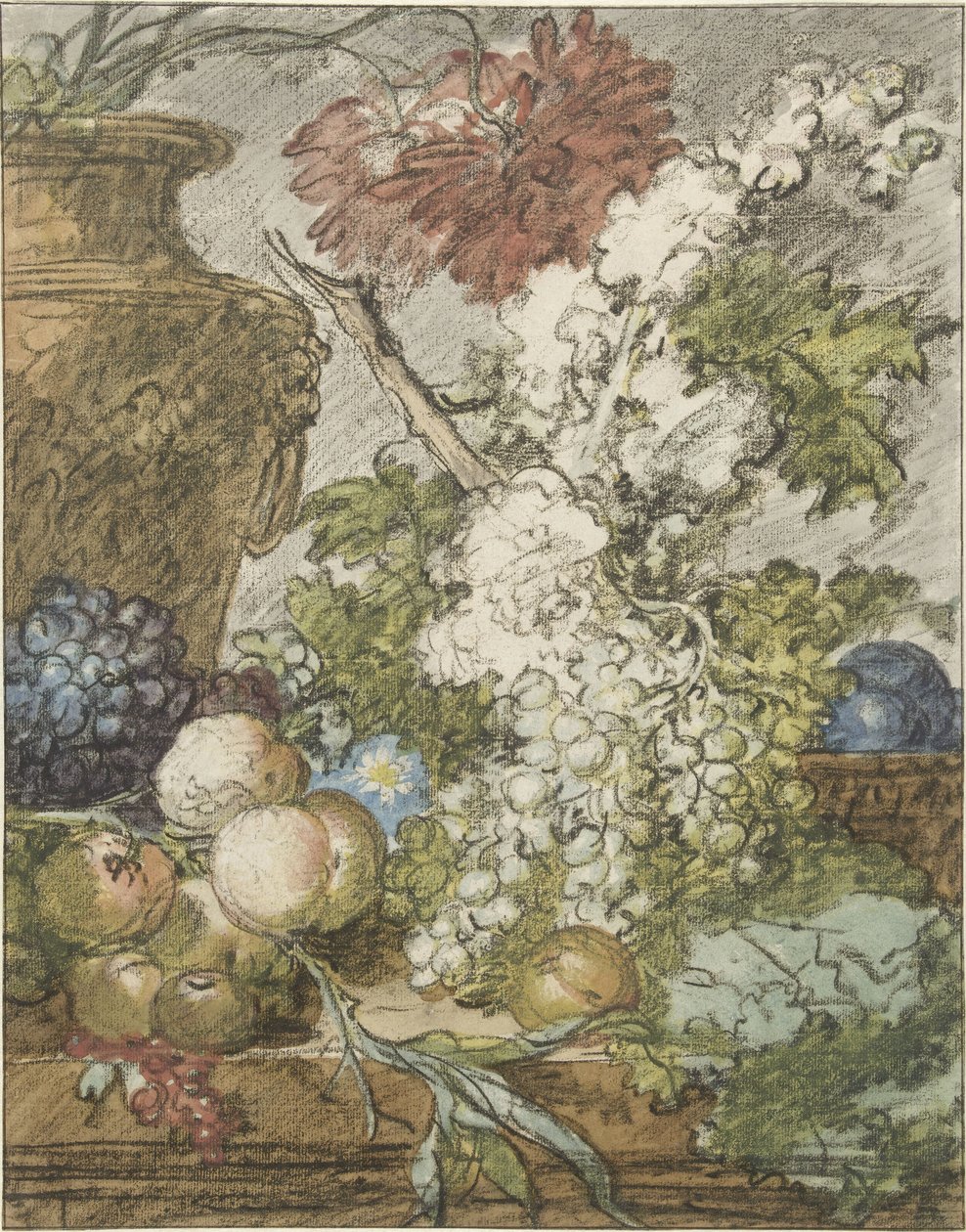 Skiss för ett stilleben av frukt och blommor Skiss för ett frukt- och blomsterarrangemang av Jan van Huysum