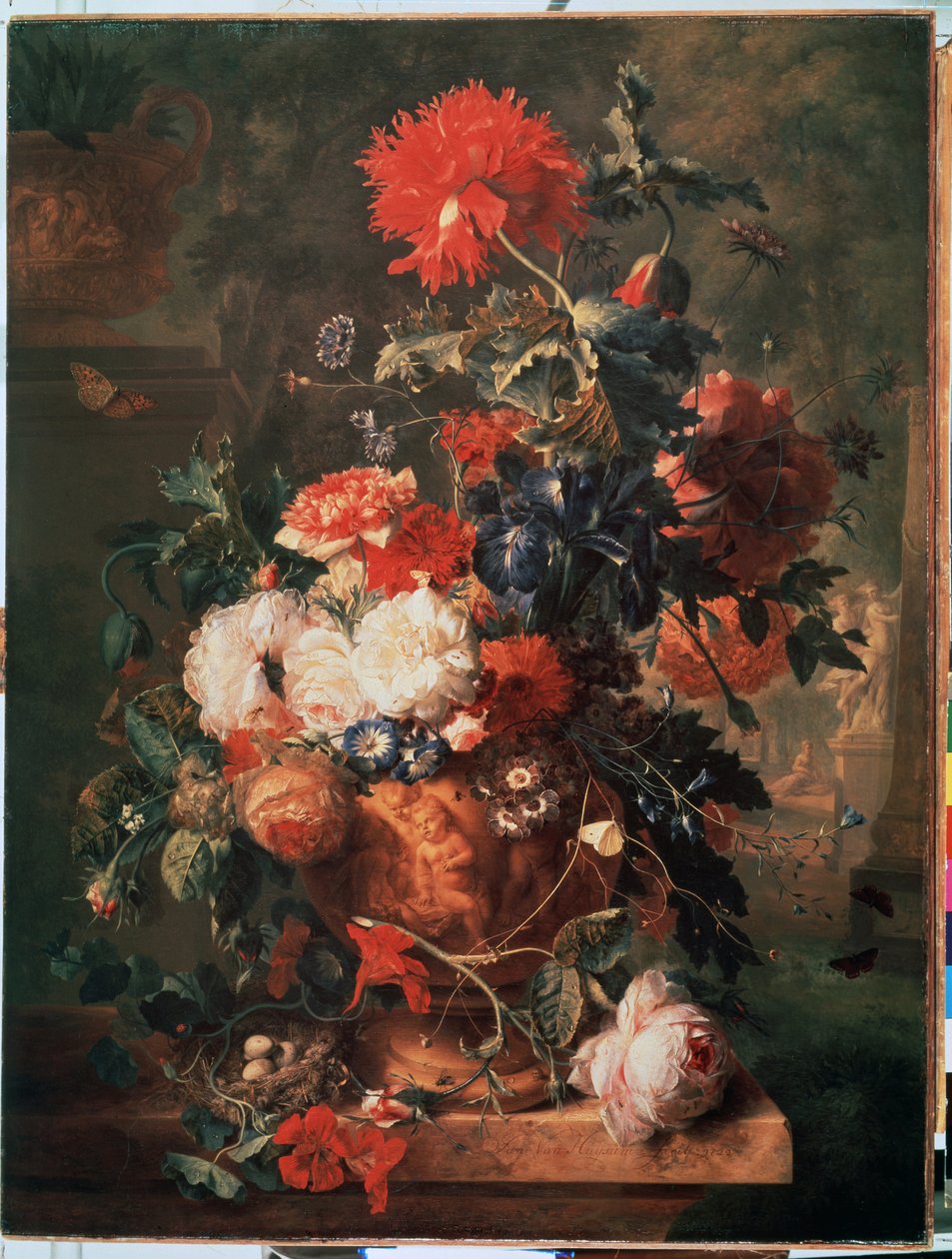 ""Bukett med blommor"" (Blommor) Även representerat är ett bo med ägg och insekter (inklusive fjäril, fluga, myra och nyckelpiga) Målning av Jan van Huysums (1682-1749) 1722 Eremitagemuseet Sankt Petersburg av Jan van Huysums