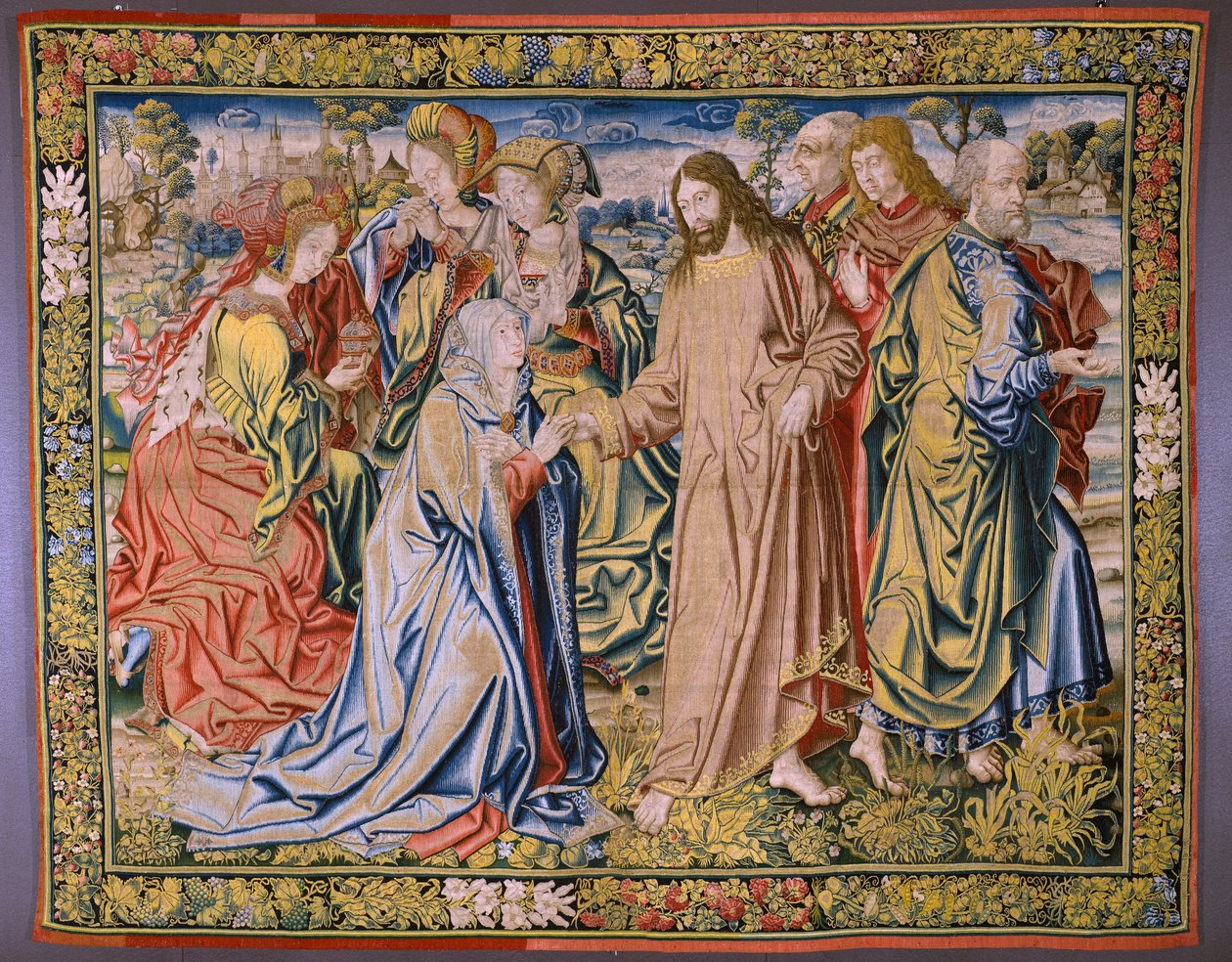 flamländsk gobeläng. Serien Heaven of Charles V. Christ säger adjö till sin mor (Despedida de Cristo/Christ säger adjö till sin mamma). Serietecknaren Jan van Coninxloo. Tillverkning av Julien Portois, Mechelen (Malines). omkring 1521. av Jan van II Coninxloo