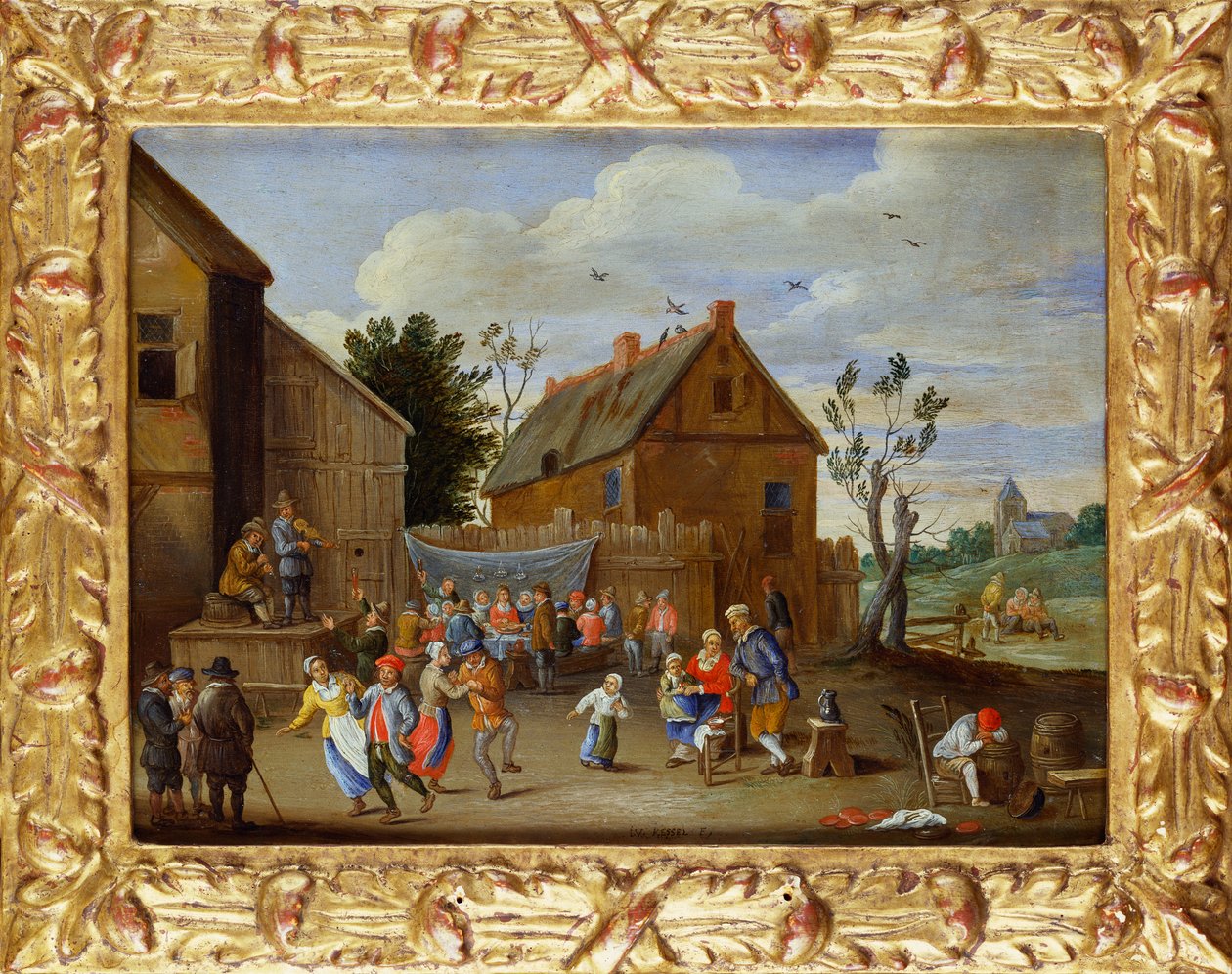 En bröllopsfest på en innergård till ett värdshus av Jan van Kessel