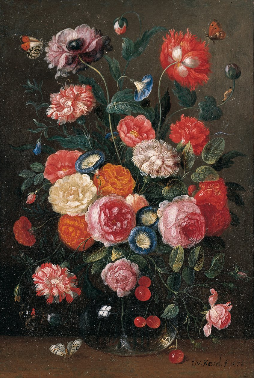 Rosor, nejlikor, morning glory, en vallmo och en kvist körsbär i en glasvas, en brun vägg, en orange spets, en röd amiral och en skatfjäril på ett bord, 1676 av Jan van Kessel