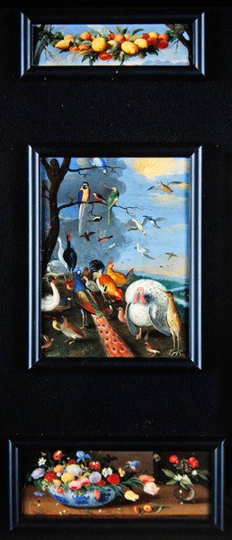 Stillebentablåer - krans av frukt, olika fåglar, buketter av Jan van Kessel the Elder