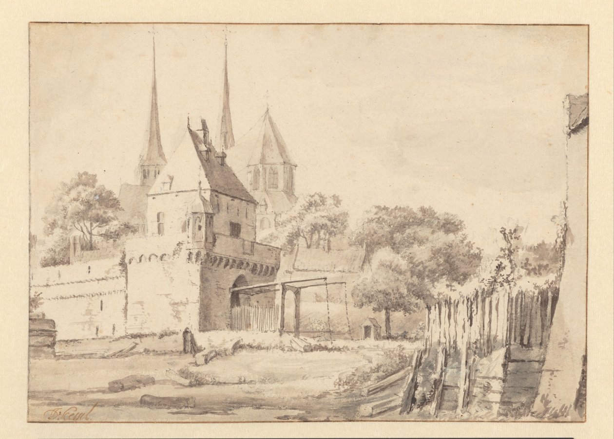Utsikt över Bergpoort och Bergkerk i Deventer av Jan van Kessel