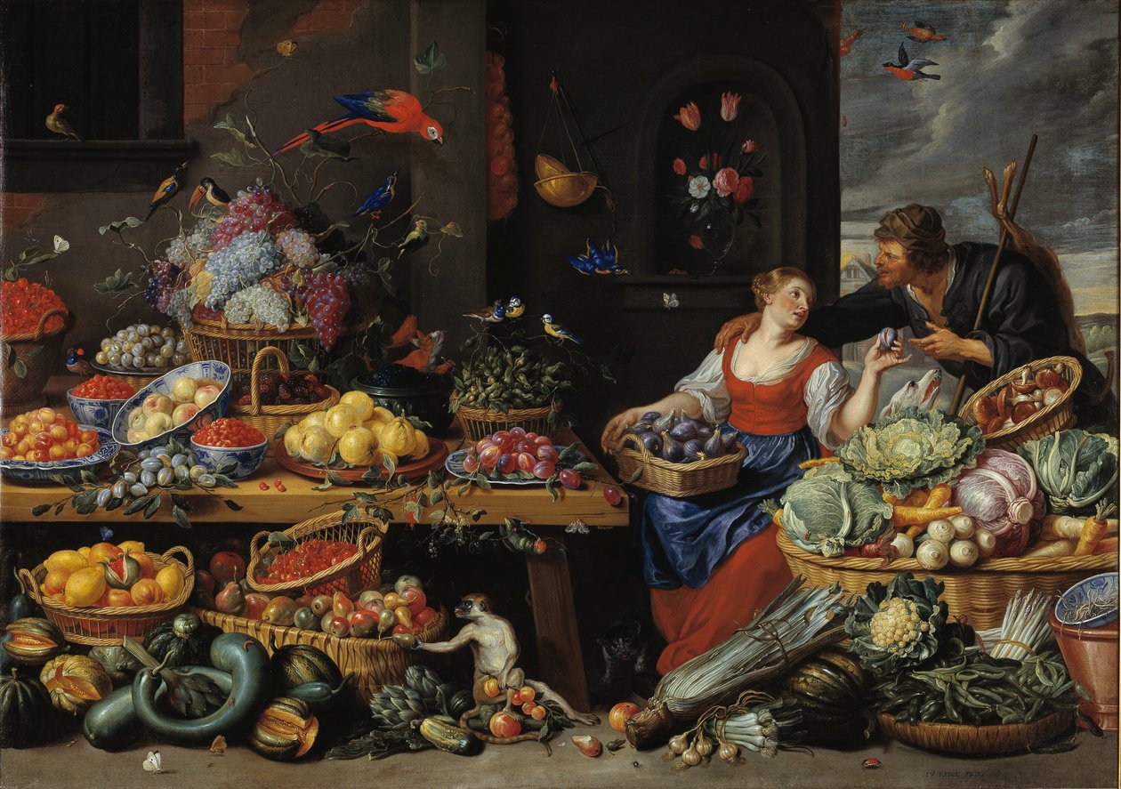 Frukt- och grönsaksmarknad med en ung fruktsäljare av Jan van Kessel d.Æ.