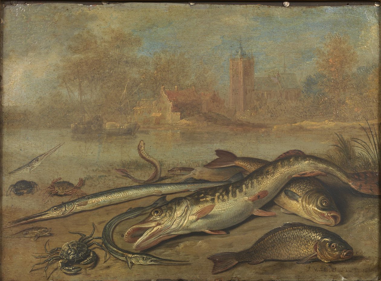 Fisk och landskap av Jan van Kessel the Elder
