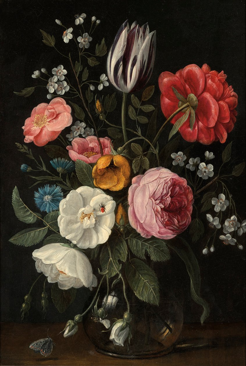 Rosor, en tulpan, en pion, en körsbärsblomma och en centaurium i en glasvas på en avsats av Jan van Kessel the Elder