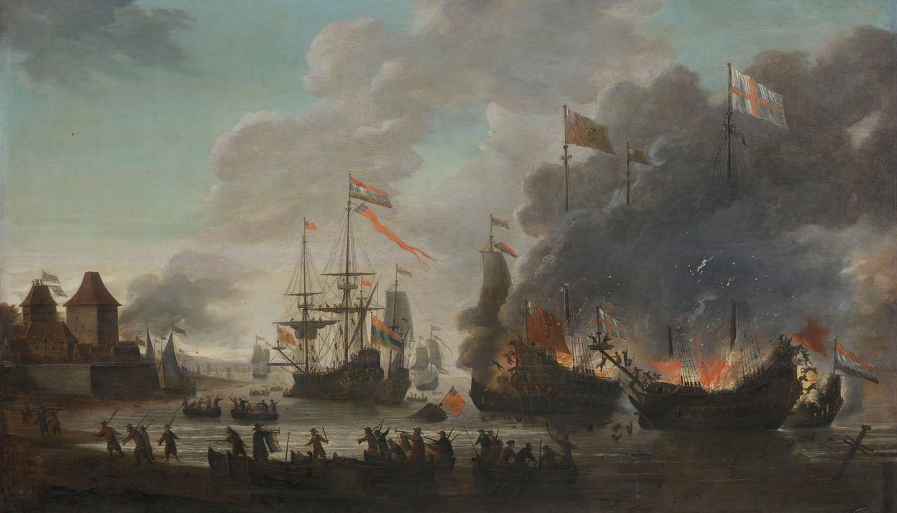 De holländska brinnande engelska fartygen under den holländska raiden på Medway, 20 juni 1667 av Jan van Leyden