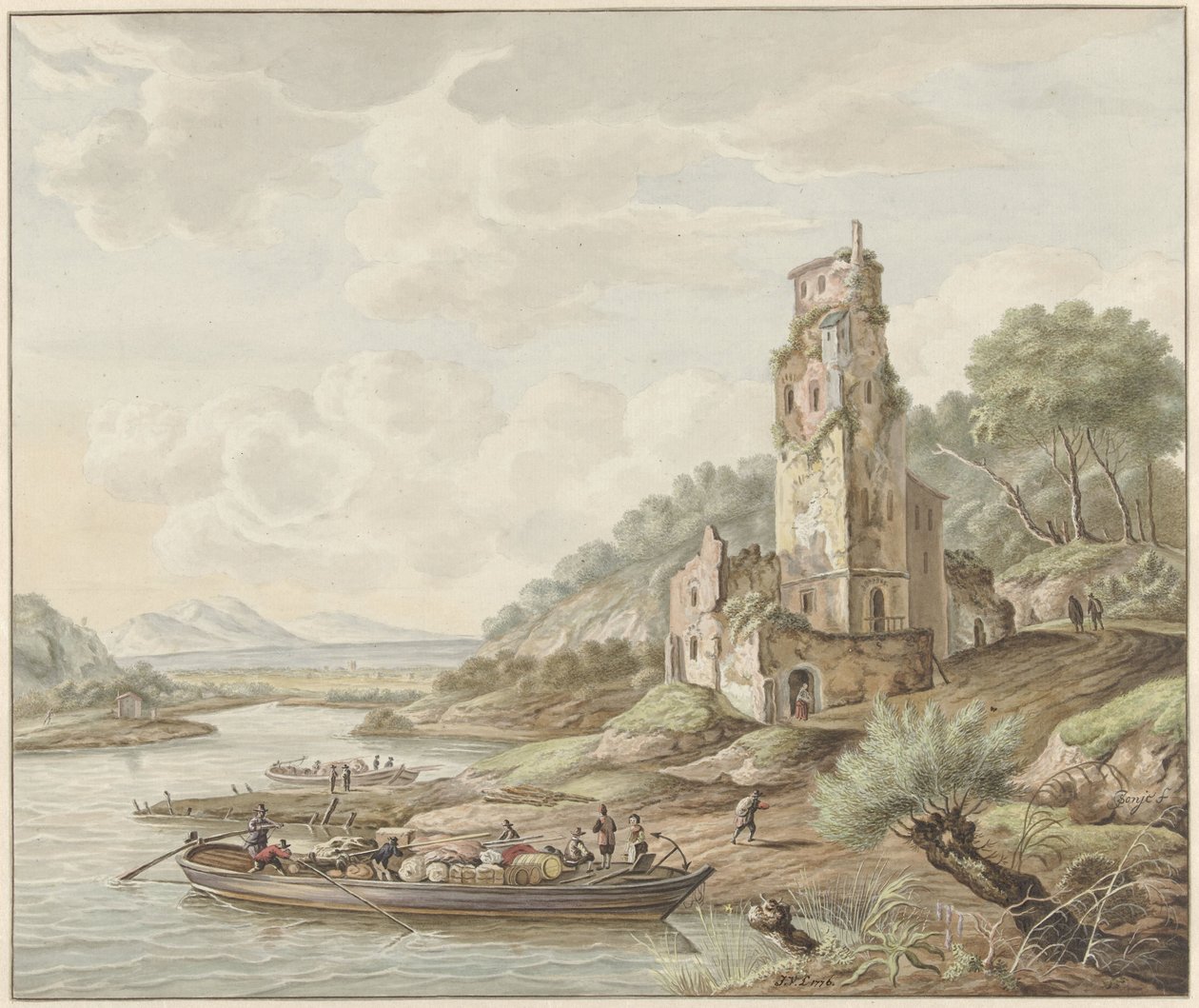 Landskap med pråm med varor nära ett slott av Jan van Lockhorst