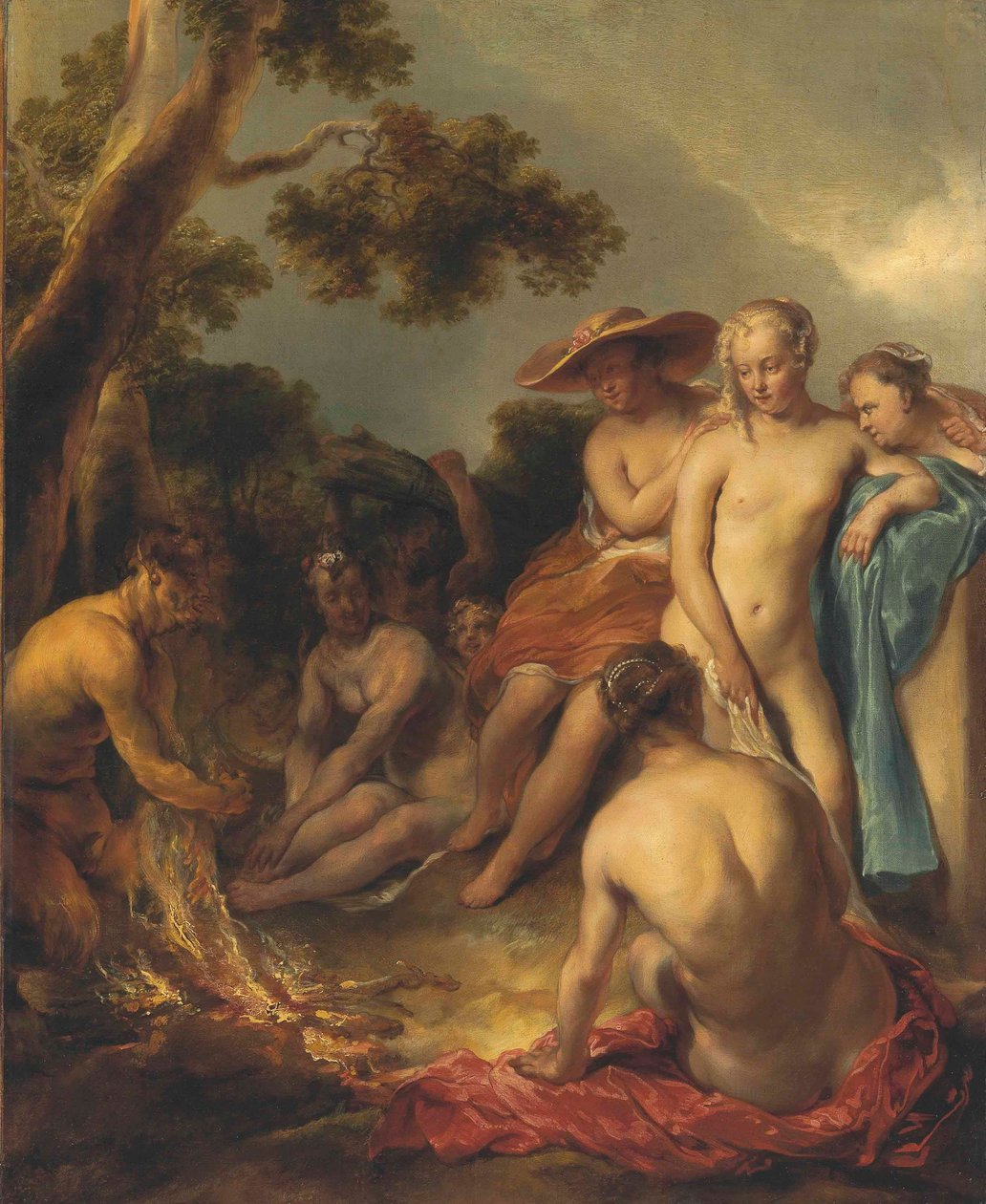 Tyska: Satyr und Nymphen (das Bad der Diana) Nymfer och en satyr av Jan van Noordt