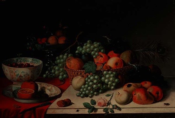 En korg med vindruvor och äpplen av Jan van Os