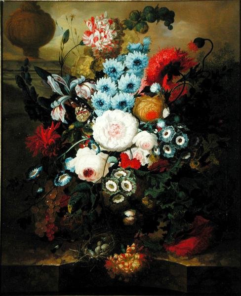 Nejlikor, Morning Glory, Rosor, Auriculas, Hyacint och andra blommor med ett fågelbo på en marmoravsats (olja på duk) av Jan van Os