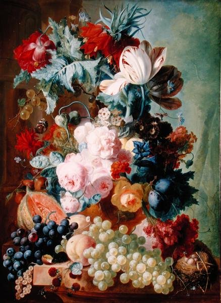 Blommor och frukt (olja på panel) av Jan van Os