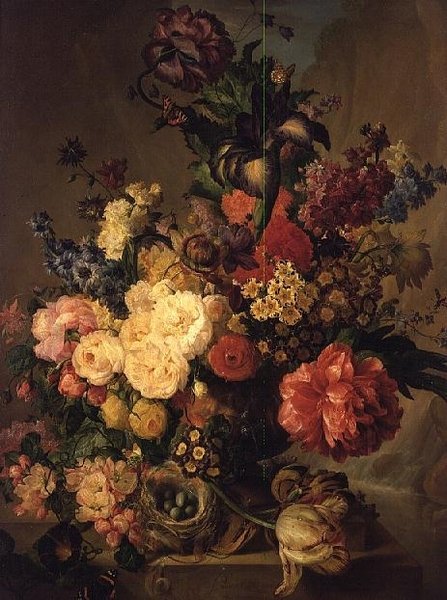 Blommor på en avsats vid ett vattenfall av Jan van Os