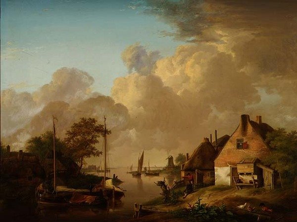 Flodlandskap med by, pråmar och bönder av Jan van Os