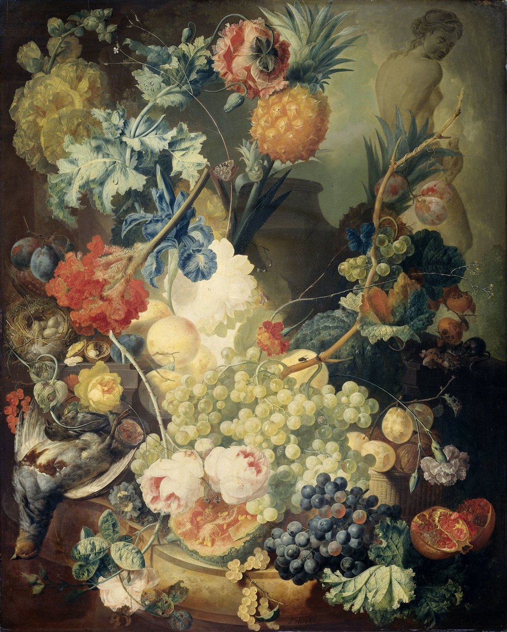 Stilleben med blommor, frukt och fåglar av Jan van Os