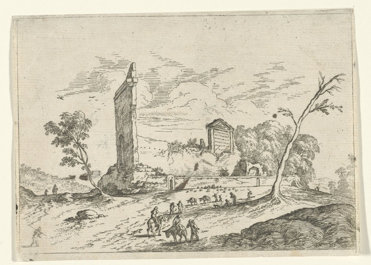 Landskap med romerska ruiner och åsneherdar av Jan van Ossenbeeck (attributed to)