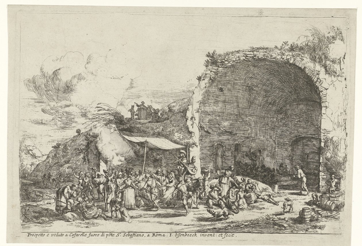 Festligheter vid ruinerna av grottan av nymfen Egeria Prospetto e veduto a Cafarelle fuoro di porte S. Sebastiano, en romer (titel på objektet) av Jan van Ossenbeeck