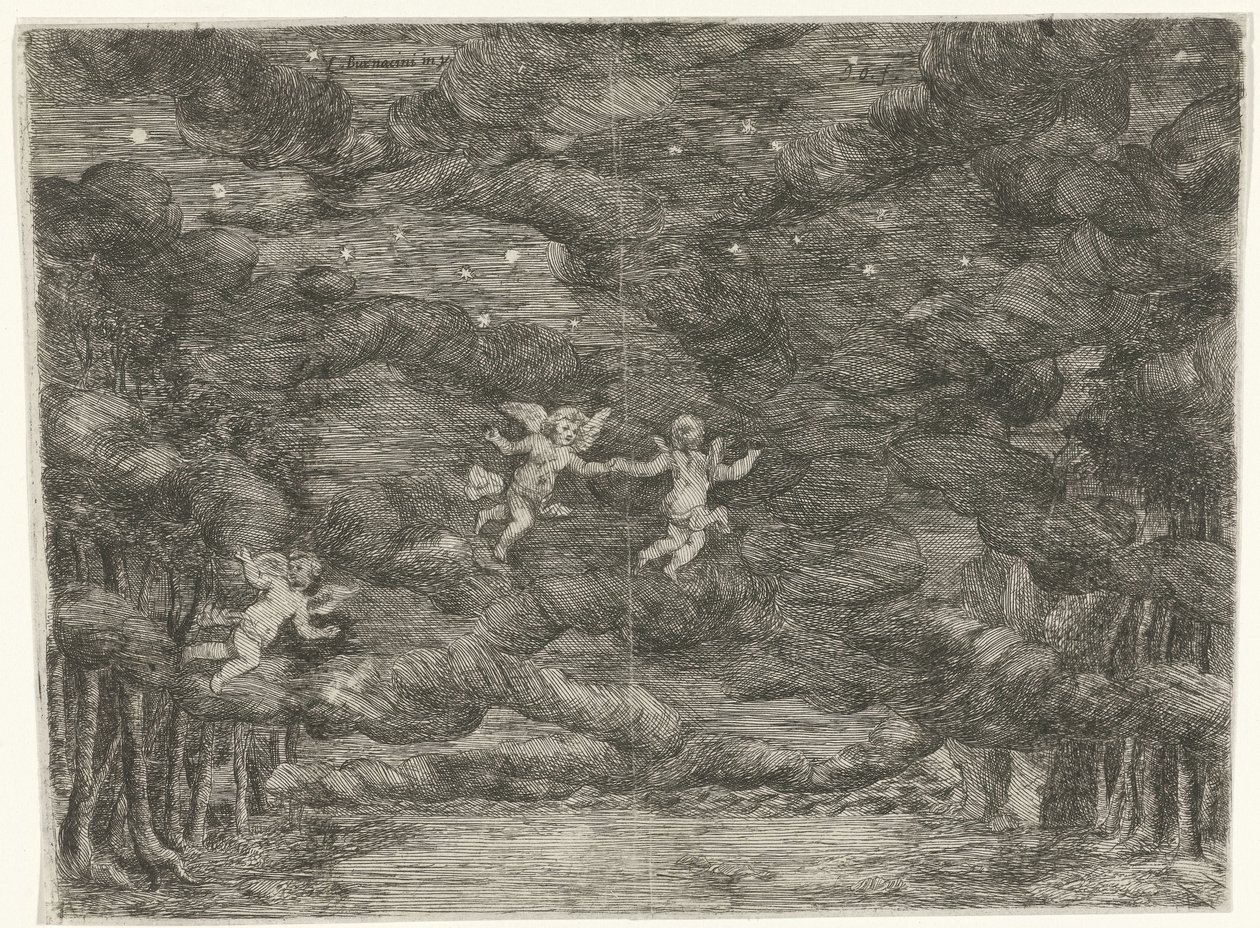 Scendekor med änglar på natthimlen av Jan van Ossenbeeck