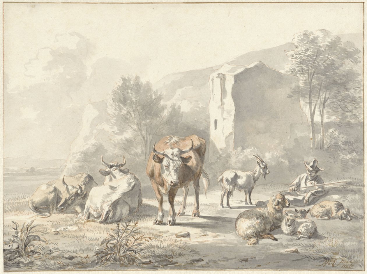 Landskap med boskap och ruin av Jan van Ravenswaay