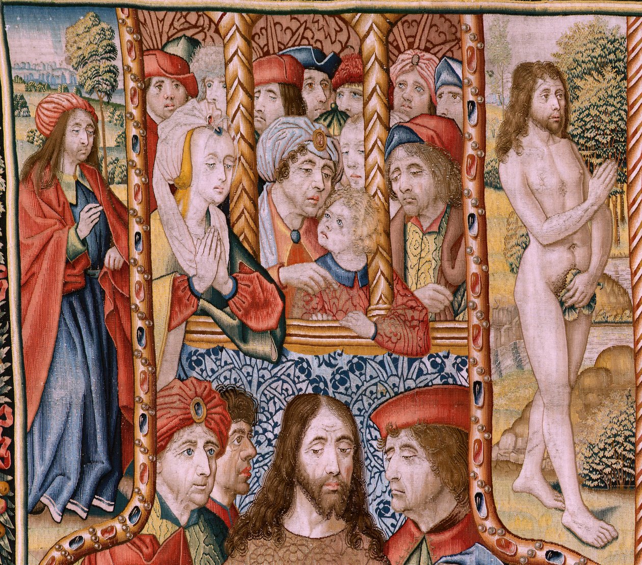 flamländsk gobeläng. Serieavsnitt från The Life of the Virgin. Profetiorna uppfylls vid Kristi födelse (Profetiornas uppfyllelse vid Guds Sons födelse). Första gobelängen i serien. Modeller tillskrivna Jan von Roome (eller van B av Jan van Roome