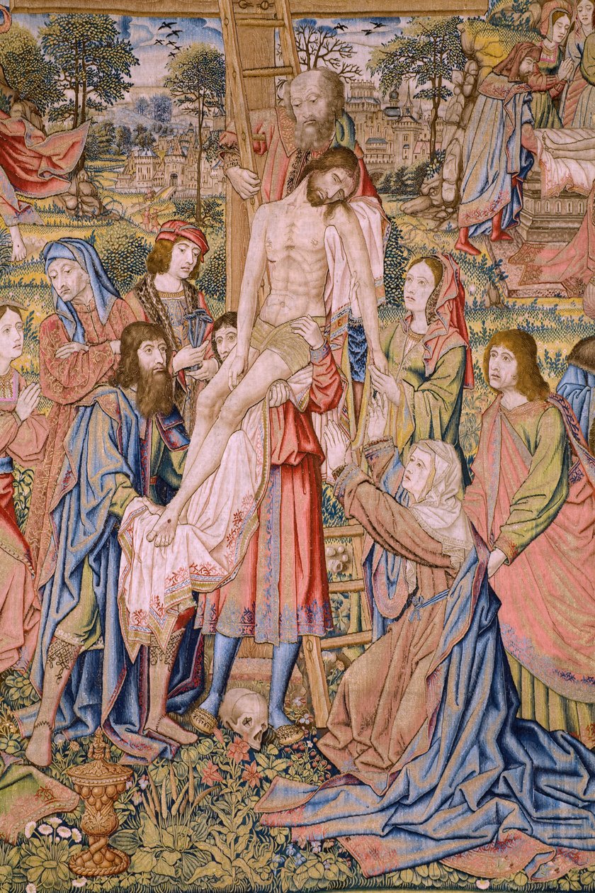 flamländsk gobeläng. Serien The passion of Christ: Descent from the cross (Kruisafneming, Descendimiento de la cruz). Tillverkning Pieter van Aelst. Serietecknaren Jan van Roome. Ca 1507-1520. Detalj. av Jan van Roome