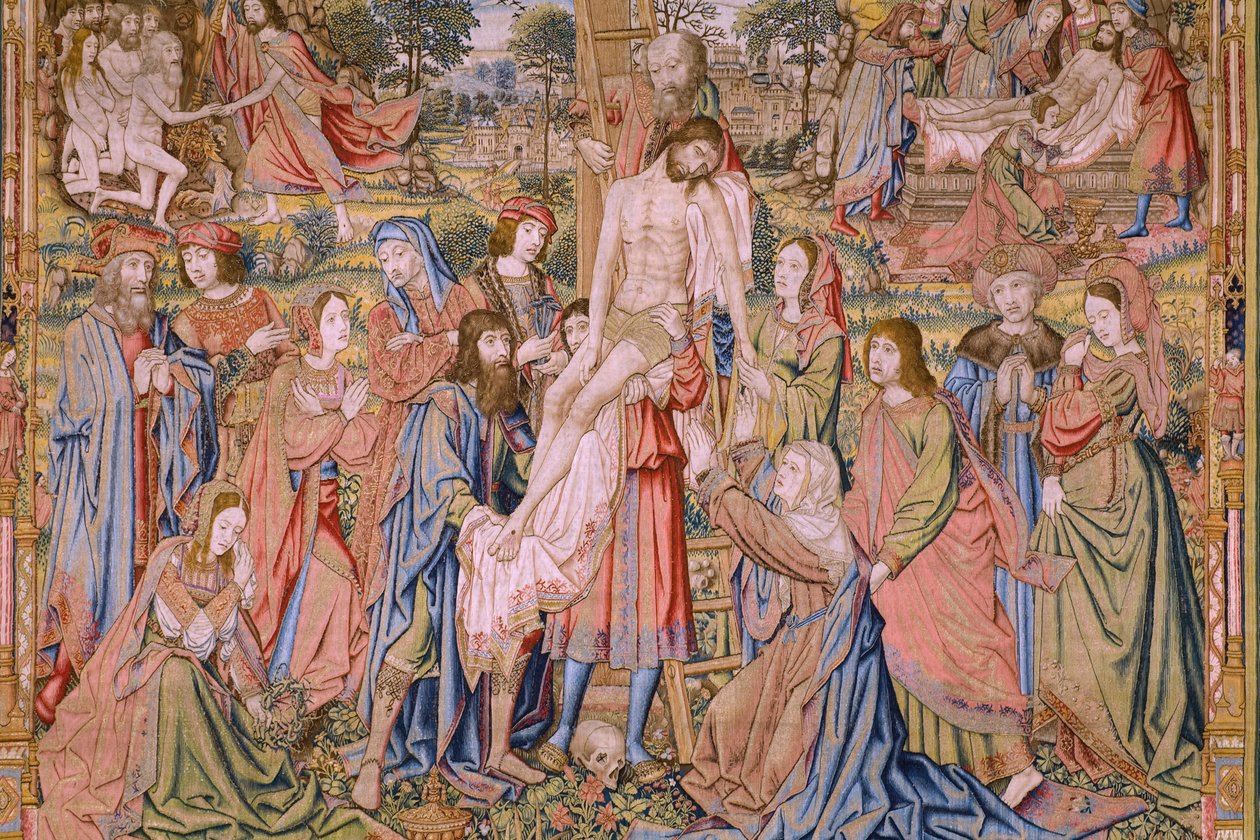 flamländsk gobeläng. Serien The passion of Christ: Descent from the cross (Kruisafneming, Descendimiento de la cruz). Tillverkning Pieter van Aelst. Serietecknaren Jan van Roome. Ca 1507-1520. Detalj. av Jan van Roome